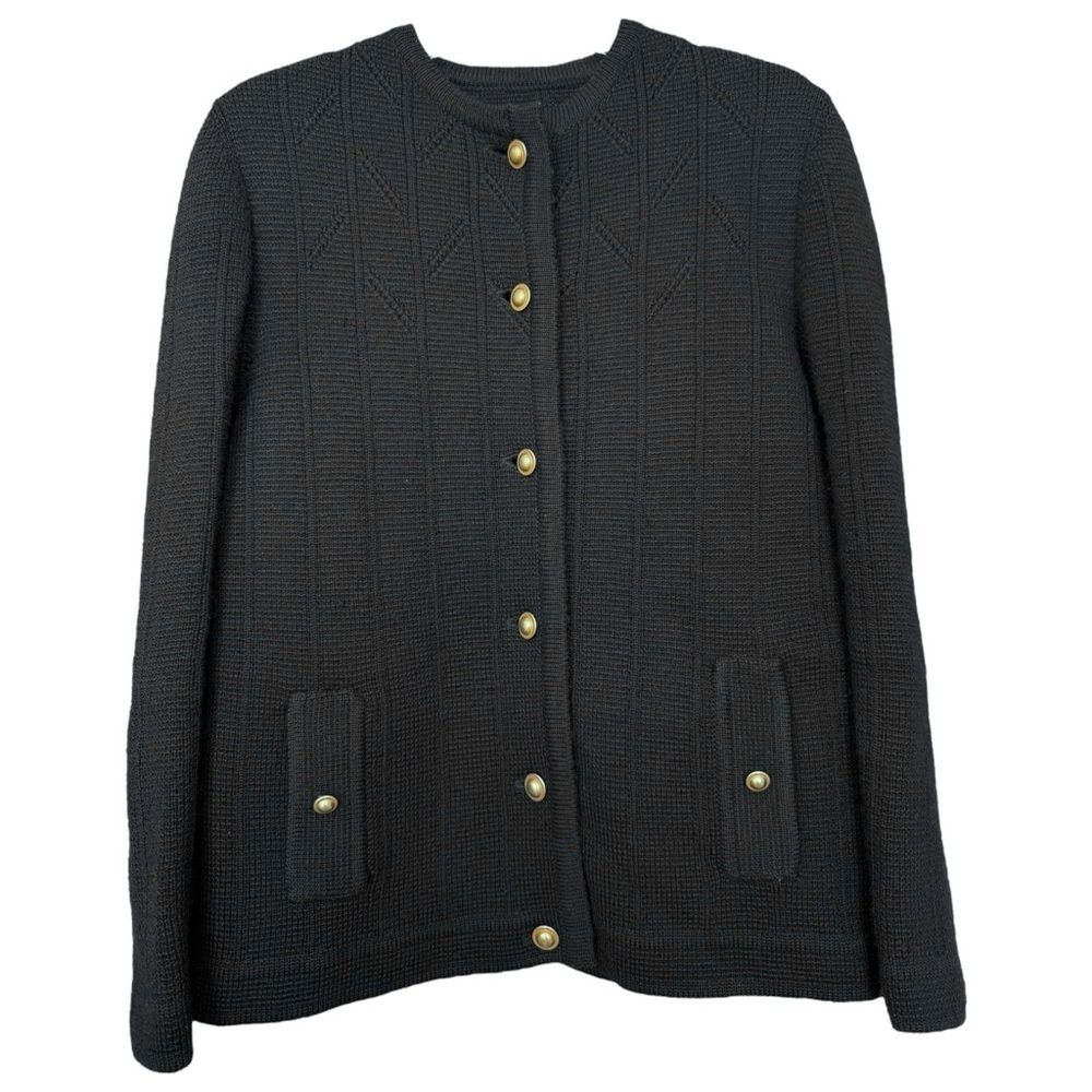 Vtg Knit Cardigan Sweater Jacket Size Medium Large Black Gold Classic 80s 90s
